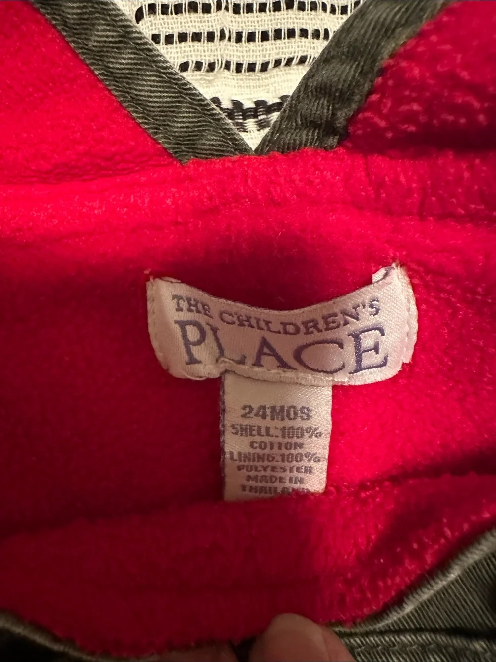 Children’s Place Olive Green Overalls with Red Fleece Lining- Size 2T/24M